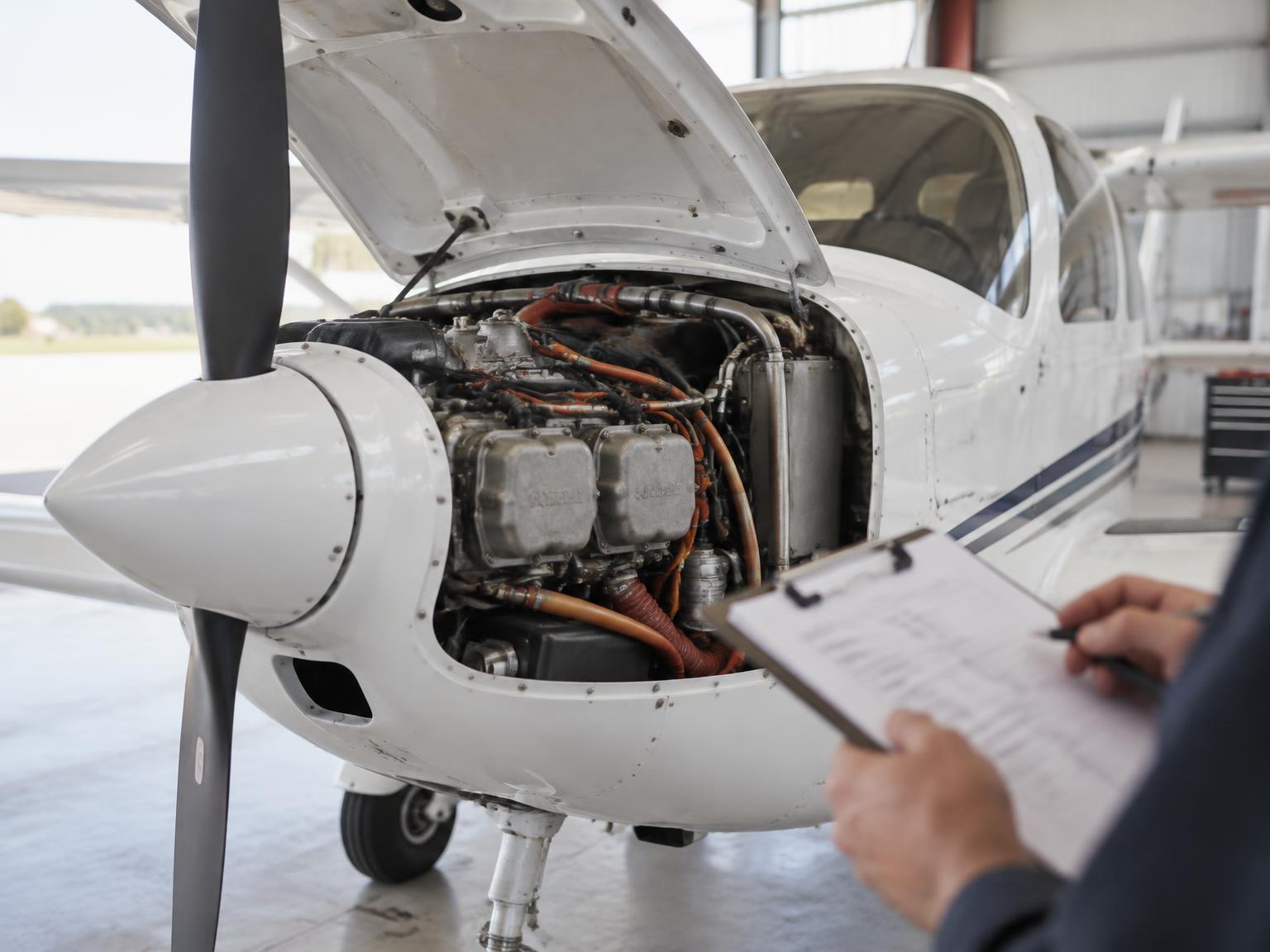 A light aircraft with its engine cowling open during an inspection